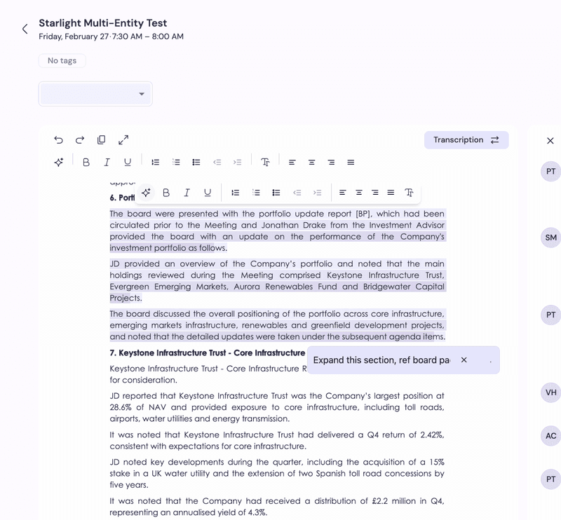 AI Minutes Editor with inline toolbar showing 'Expand this section, ref board pack' prompt