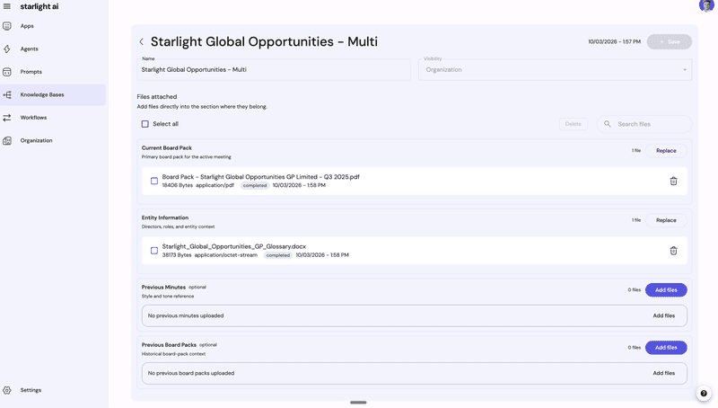 Knowledge Base showing structured sections: Current Board Pack, Entity Information, Previous Minutes