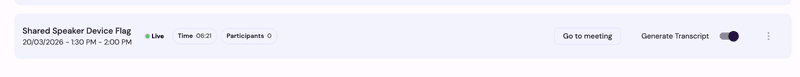 Meeting status bar showing Live status, time, participant count, and Generate Transcript button