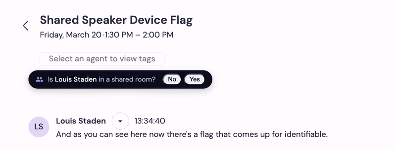 Shared Speaker Device Flag prompt asking 'Is Louis Staden in a shared room?'