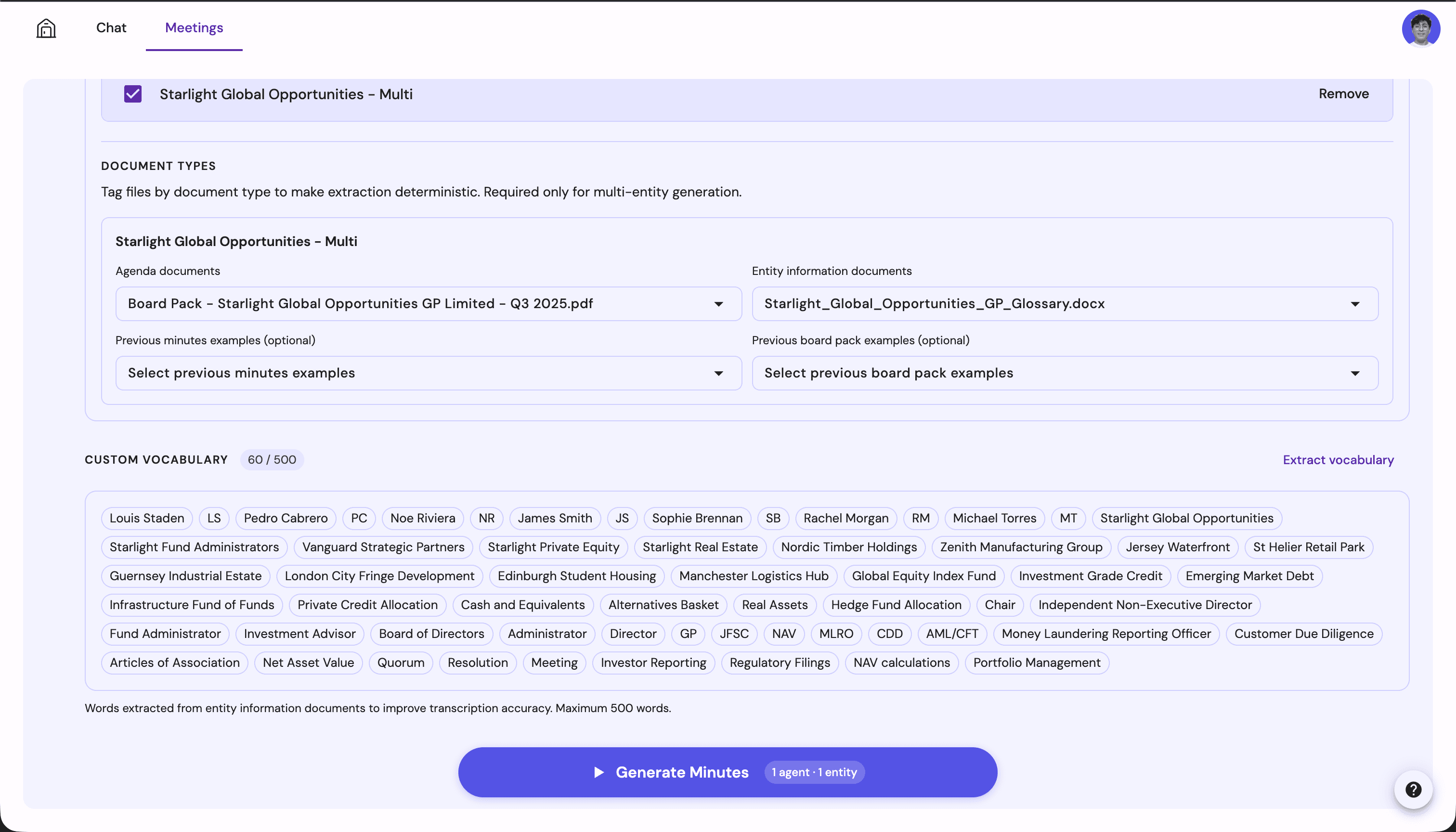 Meeting setup screen showing custom vocabulary extraction with 60/500 terms