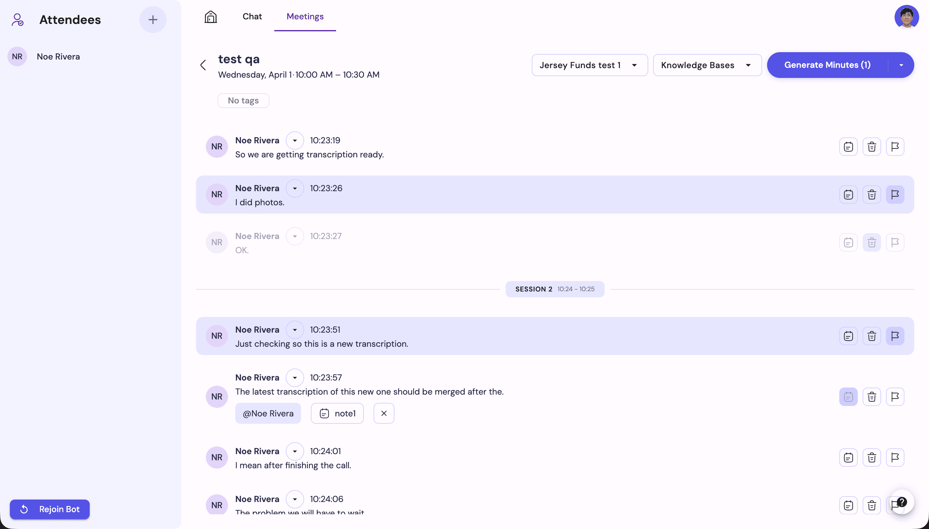 Meeting sidebar showing multi-session transcript and Rejoin Bot button