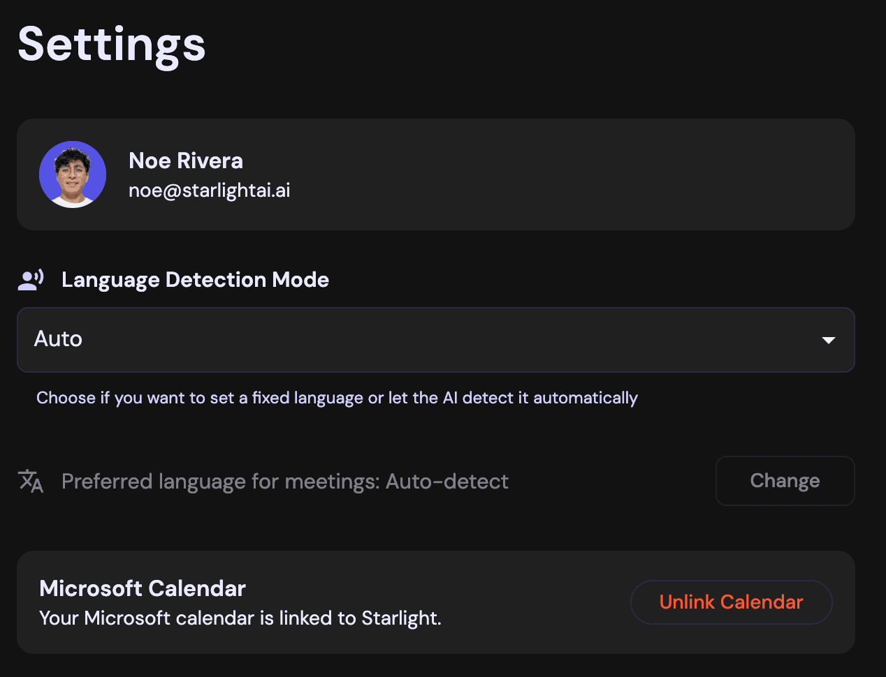 Account settings showing the Microsoft calendar unlink button