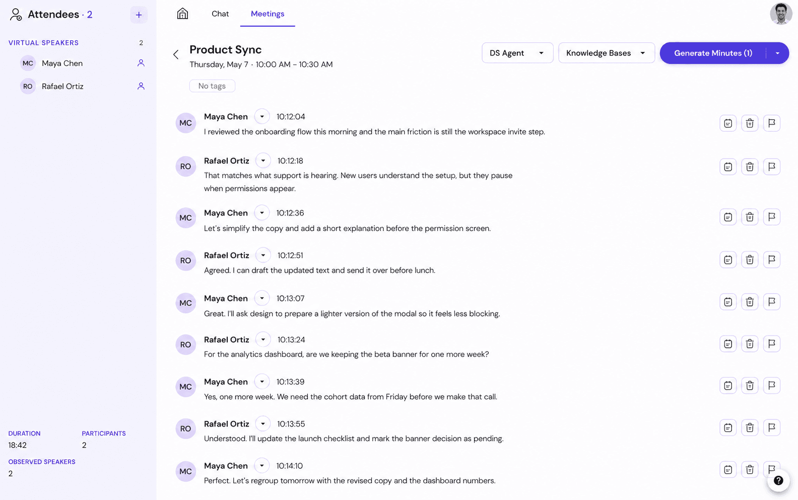 Live meeting sidebar showing attendees with active speaker dot, search bar, and meeting statistics