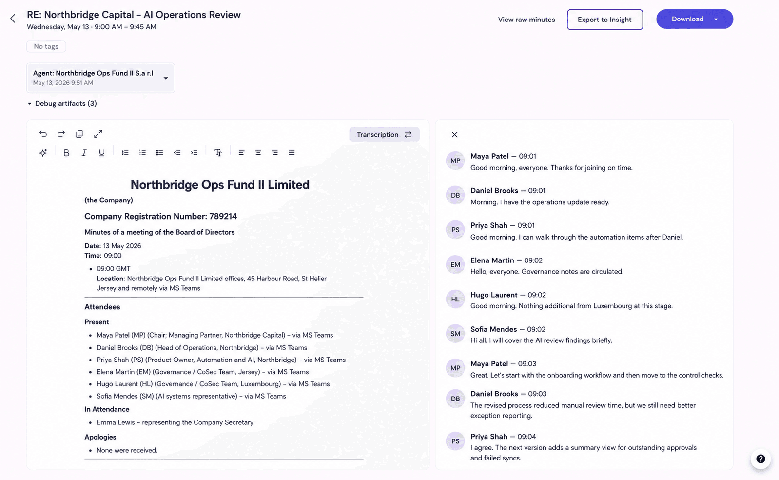 Minutes editor showing hierarchical outline numbering 1, 1.1, 1.1.1 across multiple sections